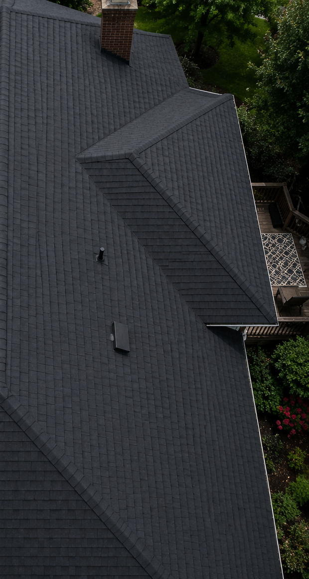 Aerial view of a rejuvenated asphalt shingle roof in Palm Coast, Florida