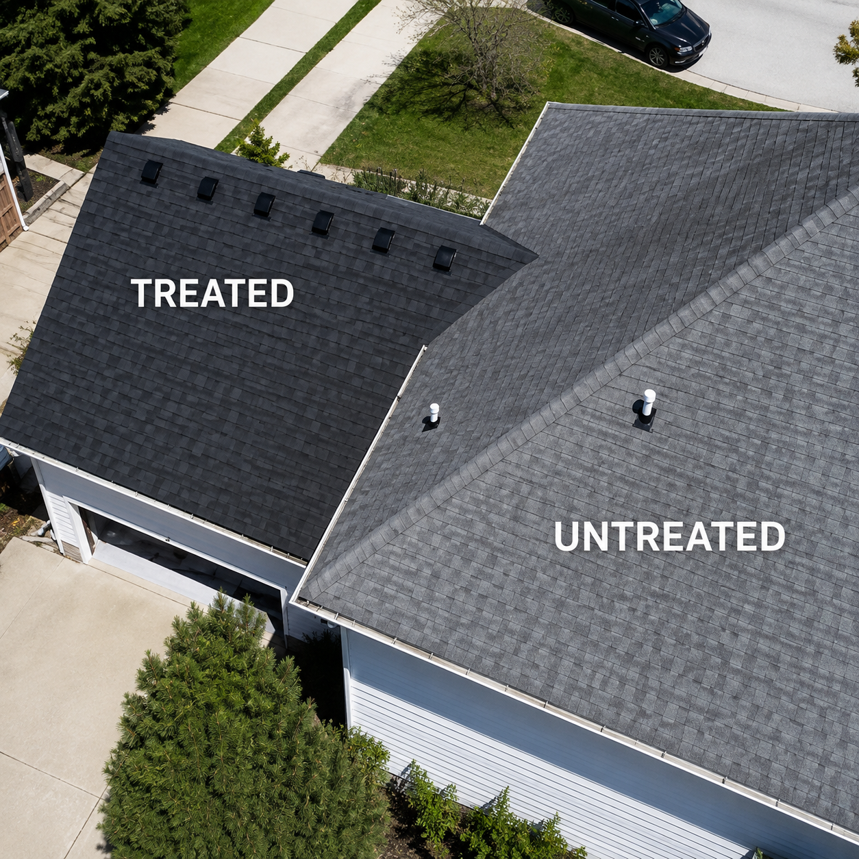 One home showing a treated roof section beside an untreated section